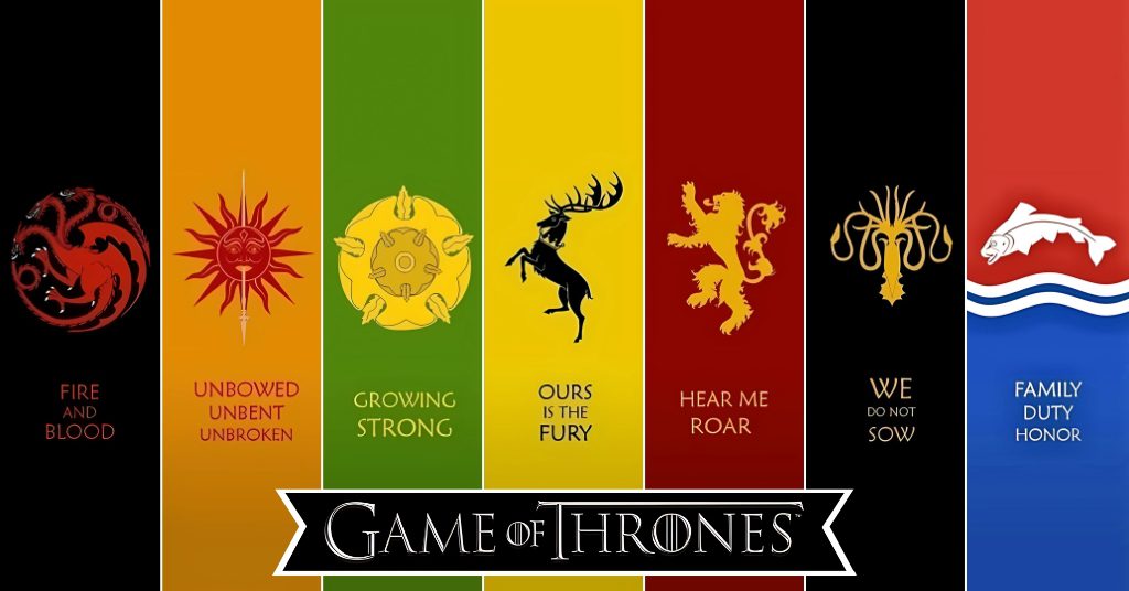 Graphic of seven banners representing the houses from Game of Thrones with their mottos.